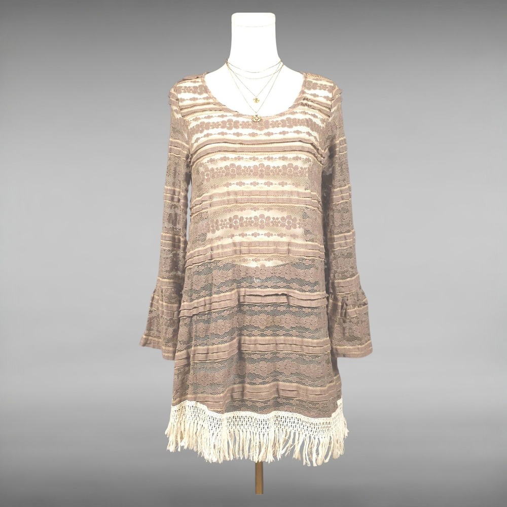 Camille & Co Sheer Lace Tunic Mini Dress Bell Sleeve Fringe Hem Boho Festival M